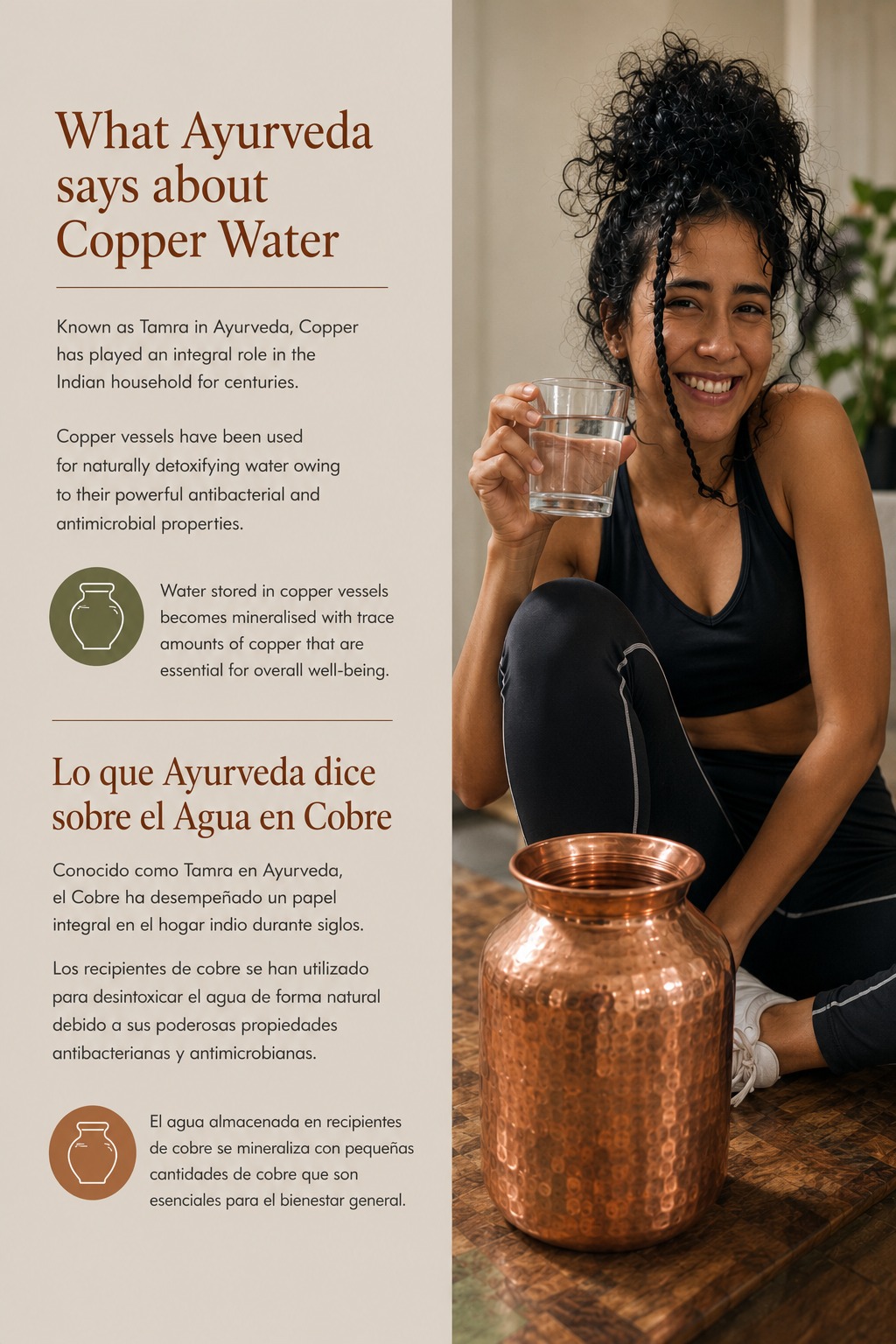 Información en inglés y español sobre el agua en recipientes de cobre